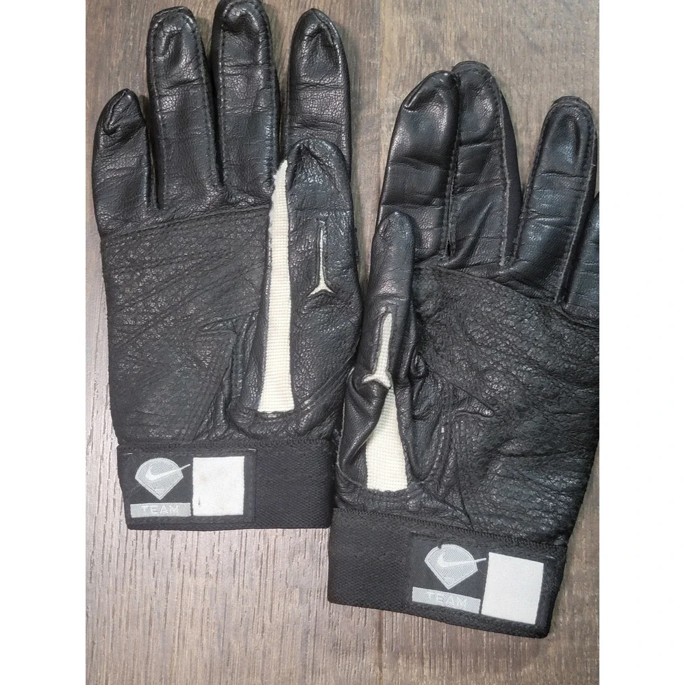 Nike Team Diamond Youth Batting Gloves Black White Leather YL Baseball Softball